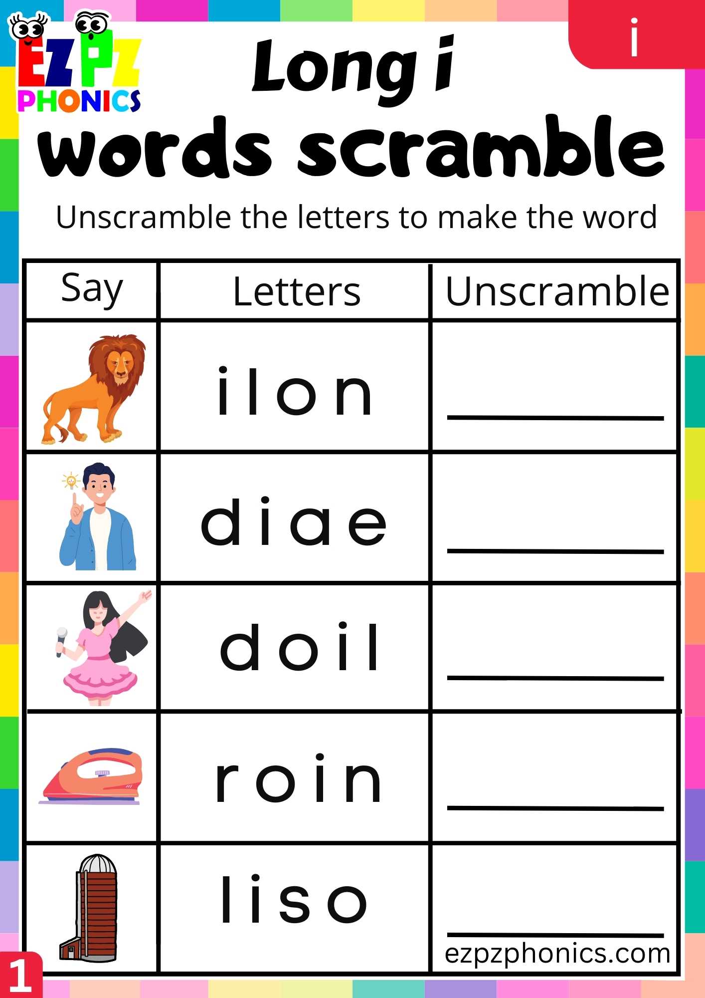 I Words Words Scramble Long I Phonics Worksheet